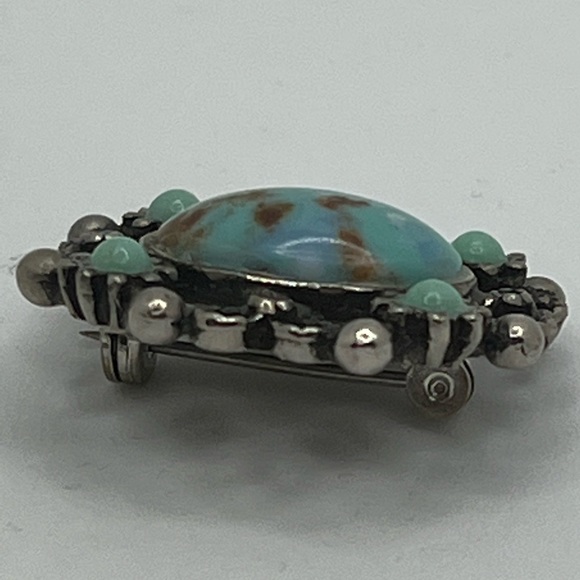 Vintage Faux Turquoise Filigree Silvertone Brooch Pin - Picture 3 of 15